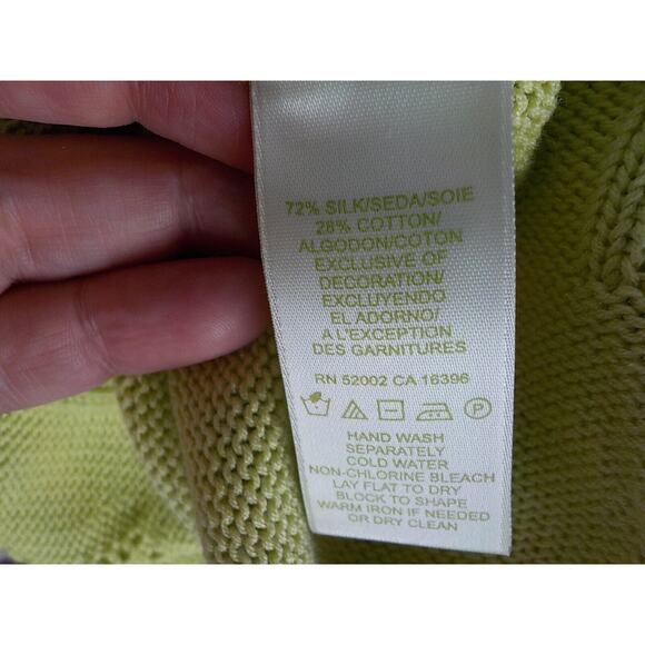 Sigrid Olsen Green Silk Knit V-Neck Sweater Crochet n Ribbon Accent Women Small - Picture 12 of 12